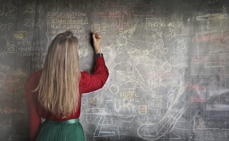 woman writing on chalkboard