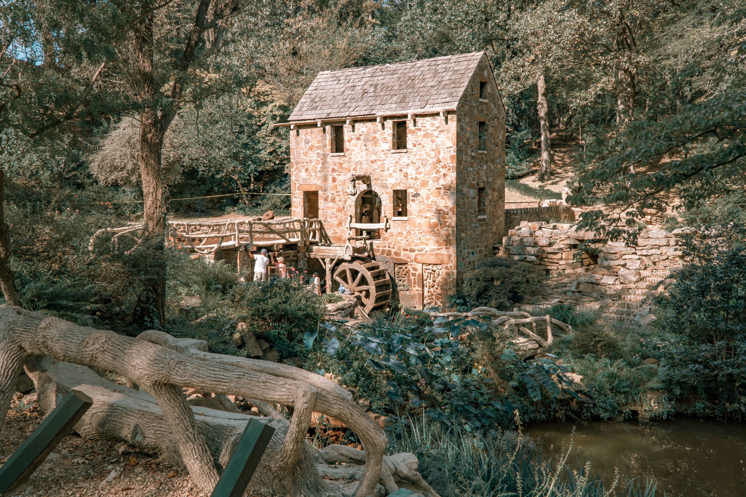 building with waterwheel