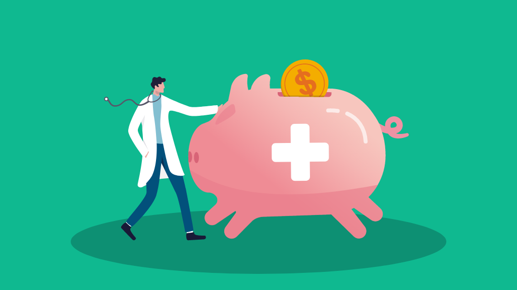 healthcare worker in lab coat next to large piggy bank