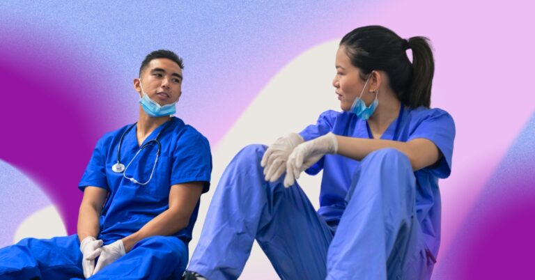 Two nurses taking a break after their shift
