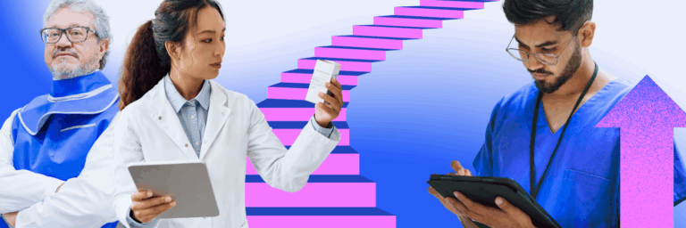 Healthcare technicians performing tasks in front of an illustrated staircase