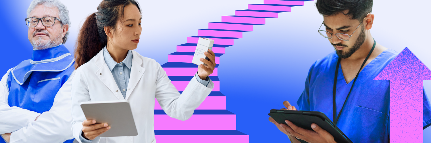 Healthcare technicians performing tasks in front of an illustrated staircase