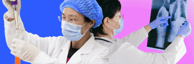 A lab technician and surgical technician performing tasks